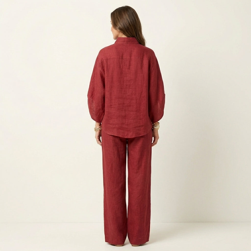 Linen Look Band Collar Button Placket Top and Wide Leg Pants Two Piece Set