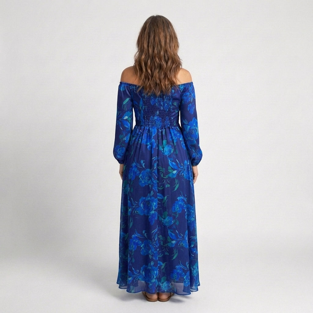 Floral Off Shoulder Long Sleeve Belted Maxi Dress