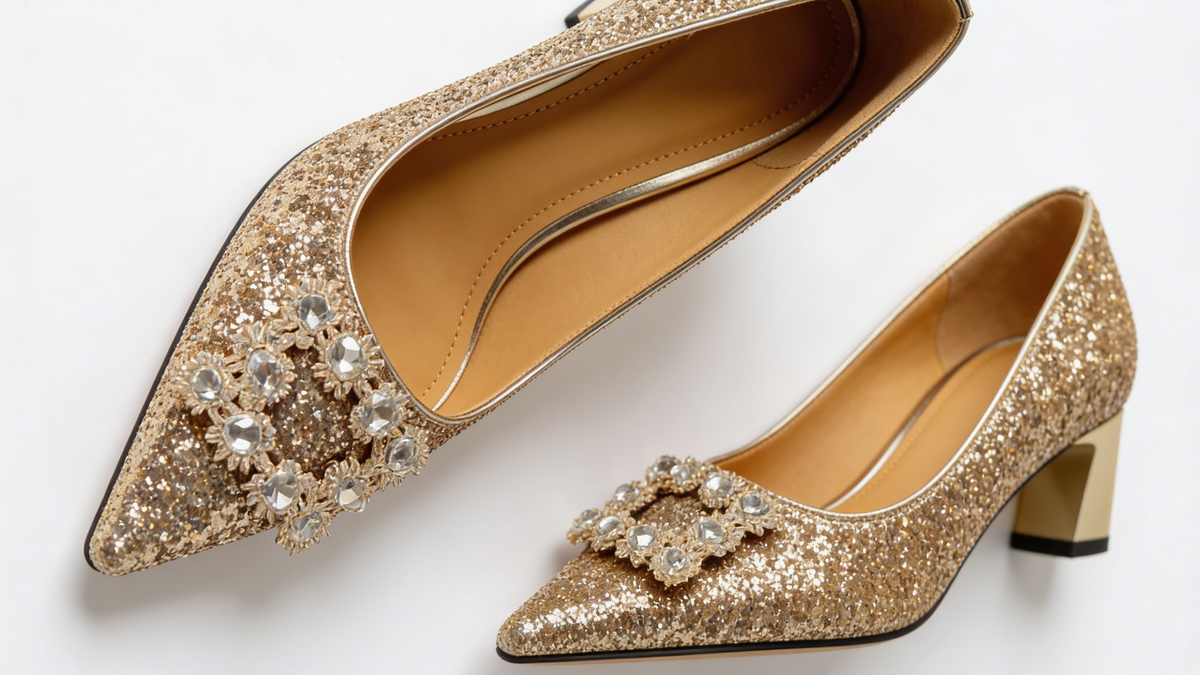 Glitter Crystal Brooch Pointed Toe Block Heel Pumps