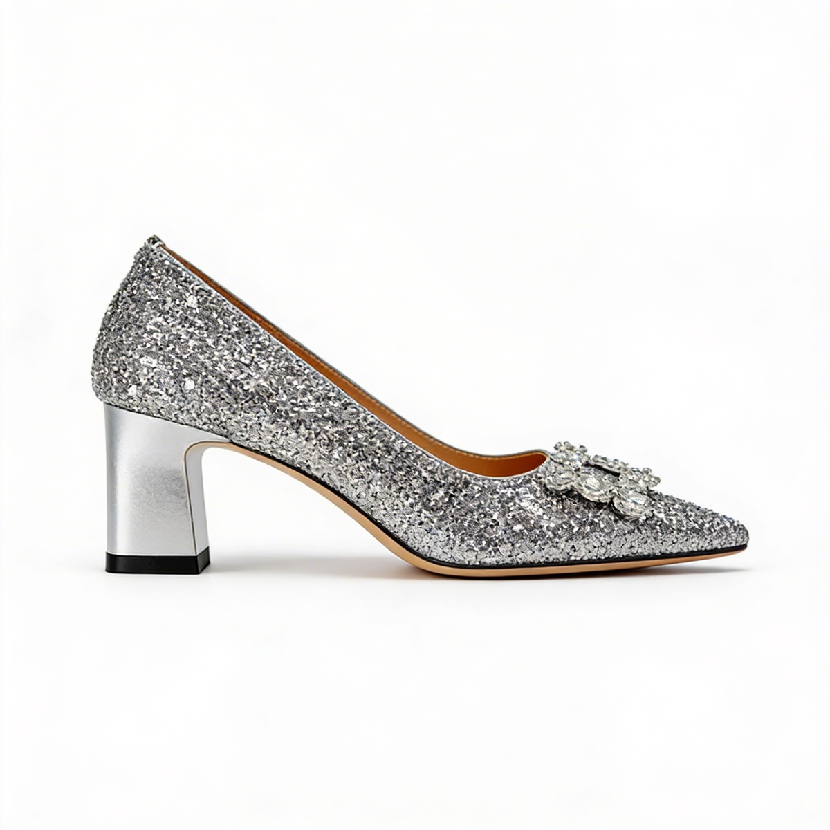 Glitter Crystal Brooch Pointed Toe Block Heel Pumps