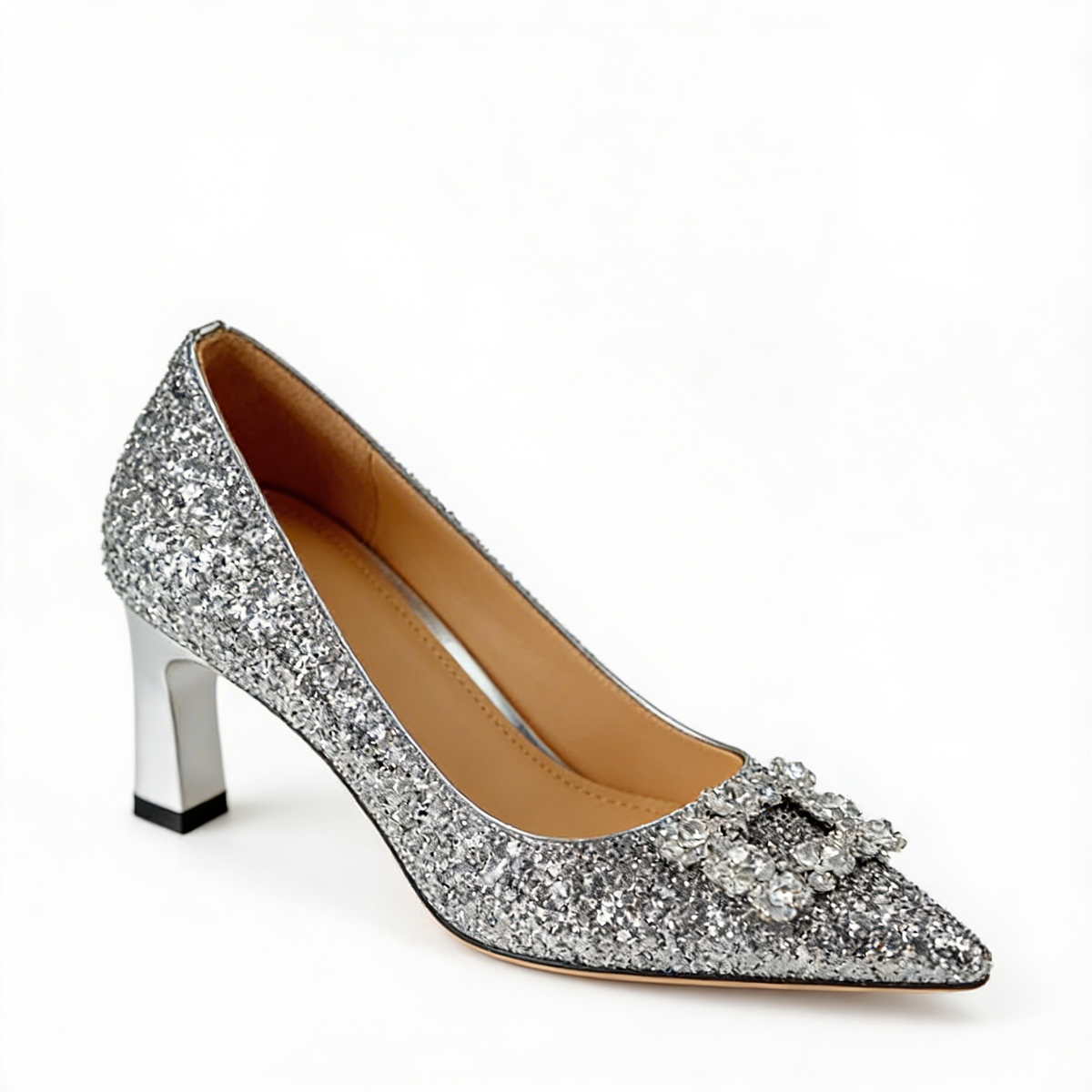 Glitter Crystal Brooch Pointed Toe Block Heel Pumps