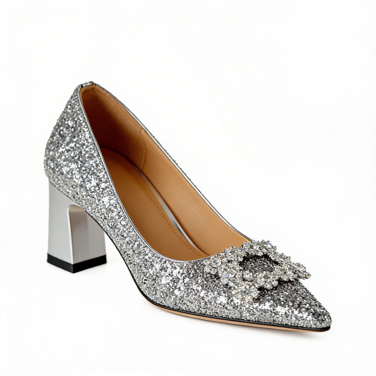 Glitter Crystal Brooch Pointed Toe Block Heel Pumps