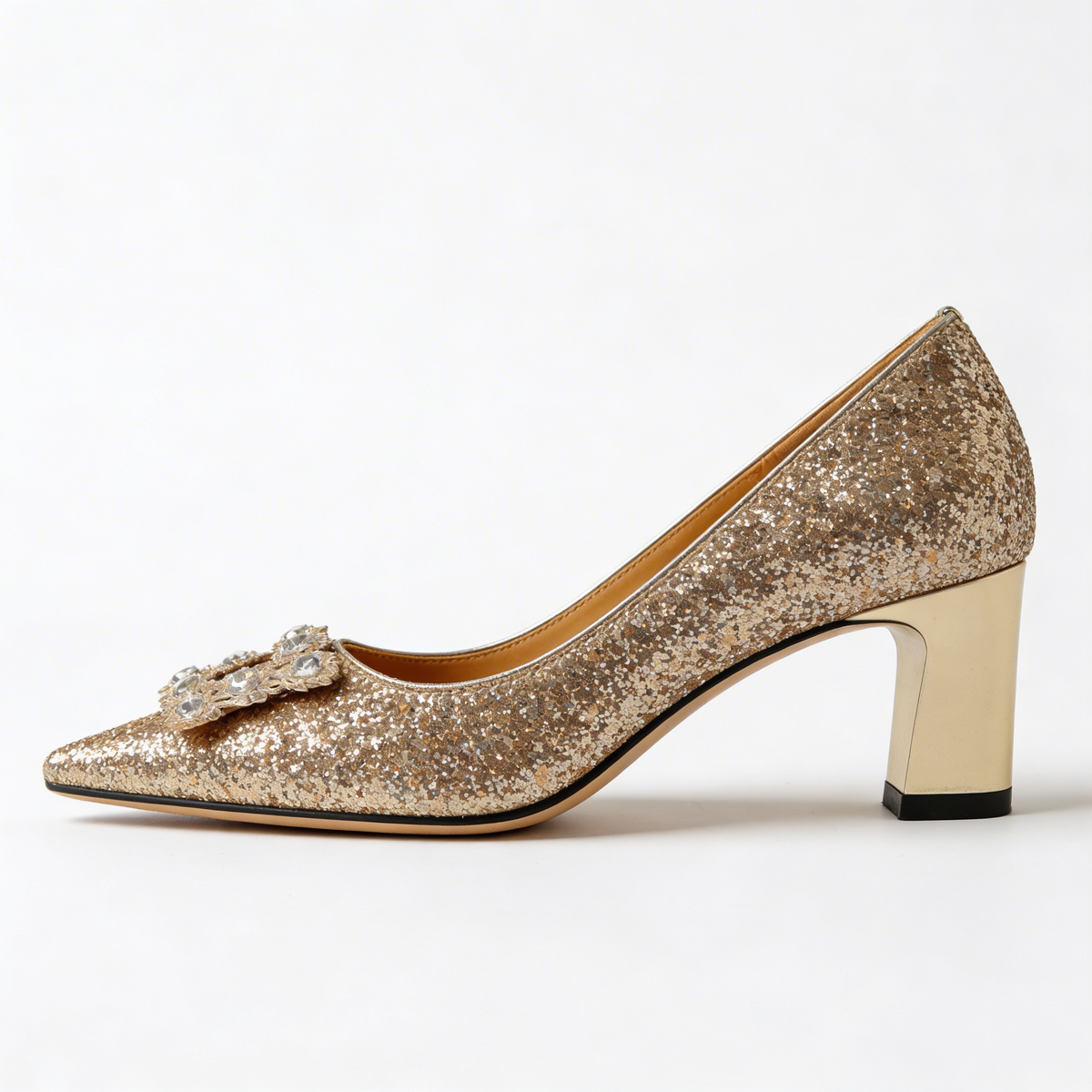 Glitter Crystal Brooch Pointed Toe Block Heel Pumps