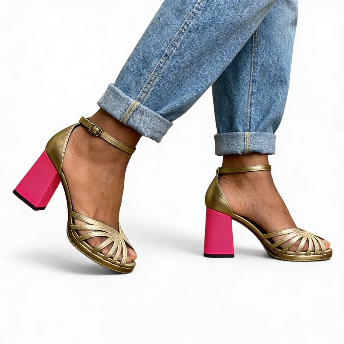 Woven Strap Ankle Buckle Block Heel Sandals