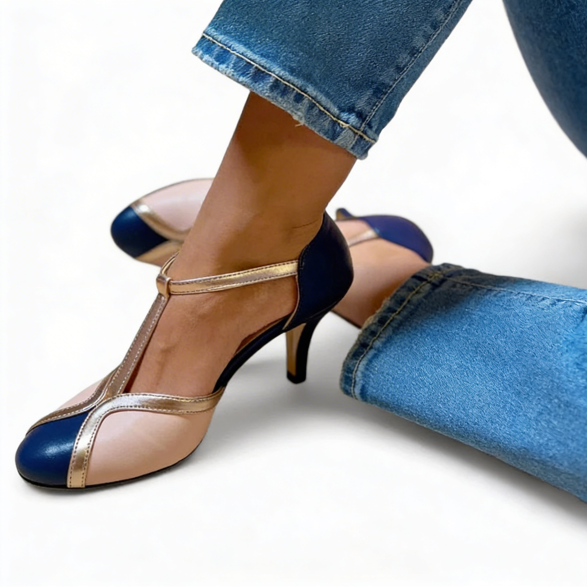 Round Toe T-Strap Ankle Strap Stiletto Heel Pumps