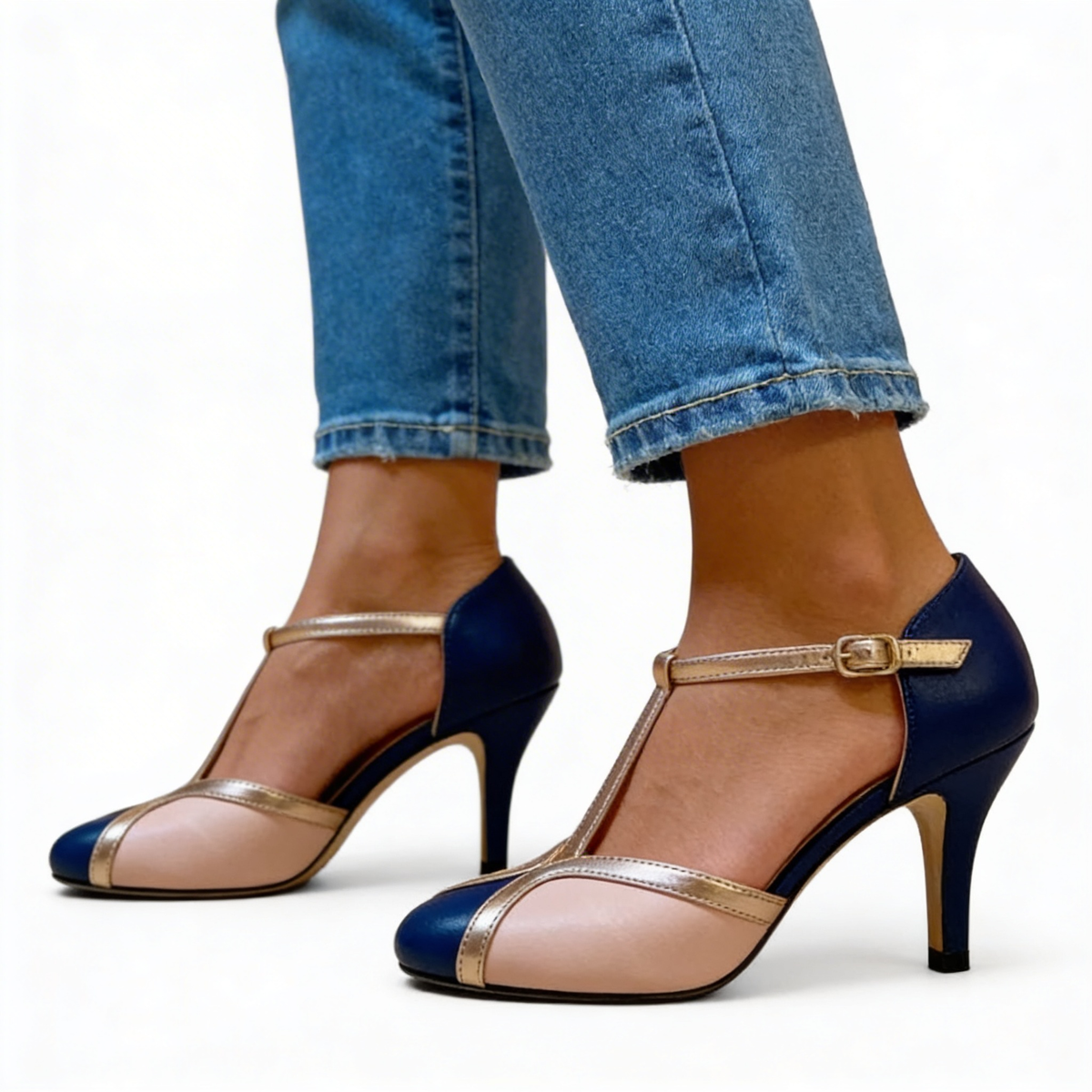 Round Toe T-Strap Ankle Strap Stiletto Heel Pumps