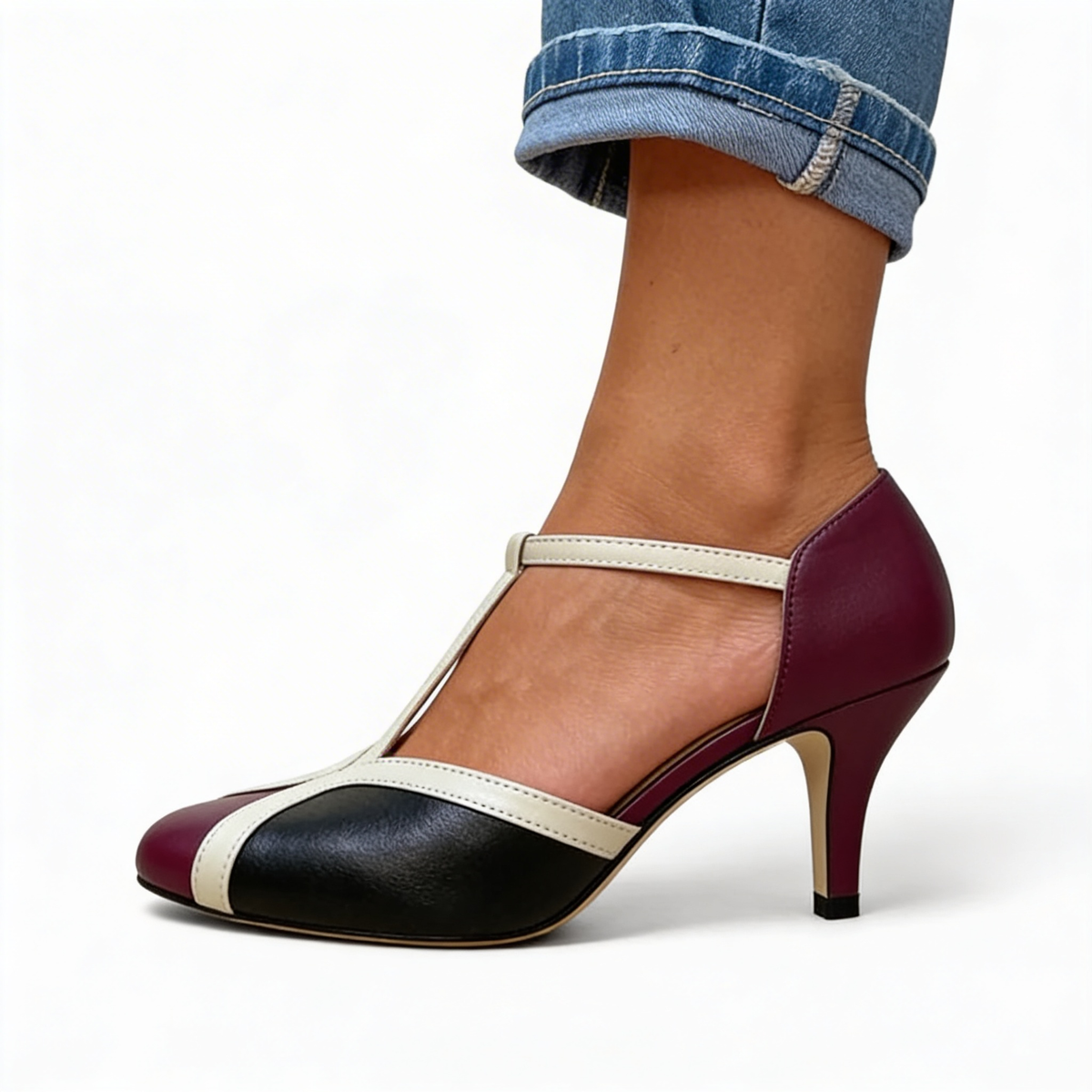 Round Toe T-Strap Ankle Strap Stiletto Heel Pumps