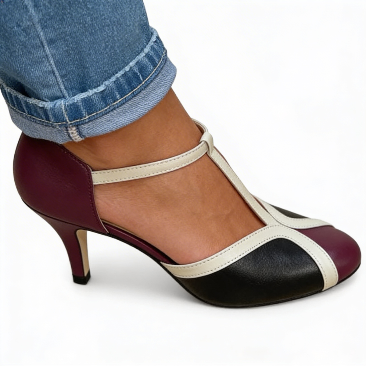 Round Toe T-Strap Ankle Strap Stiletto Heel Pumps