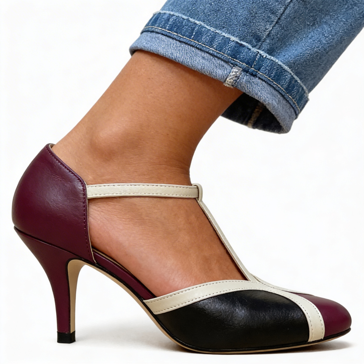 Round Toe T-Strap Ankle Strap Stiletto Heel Pumps