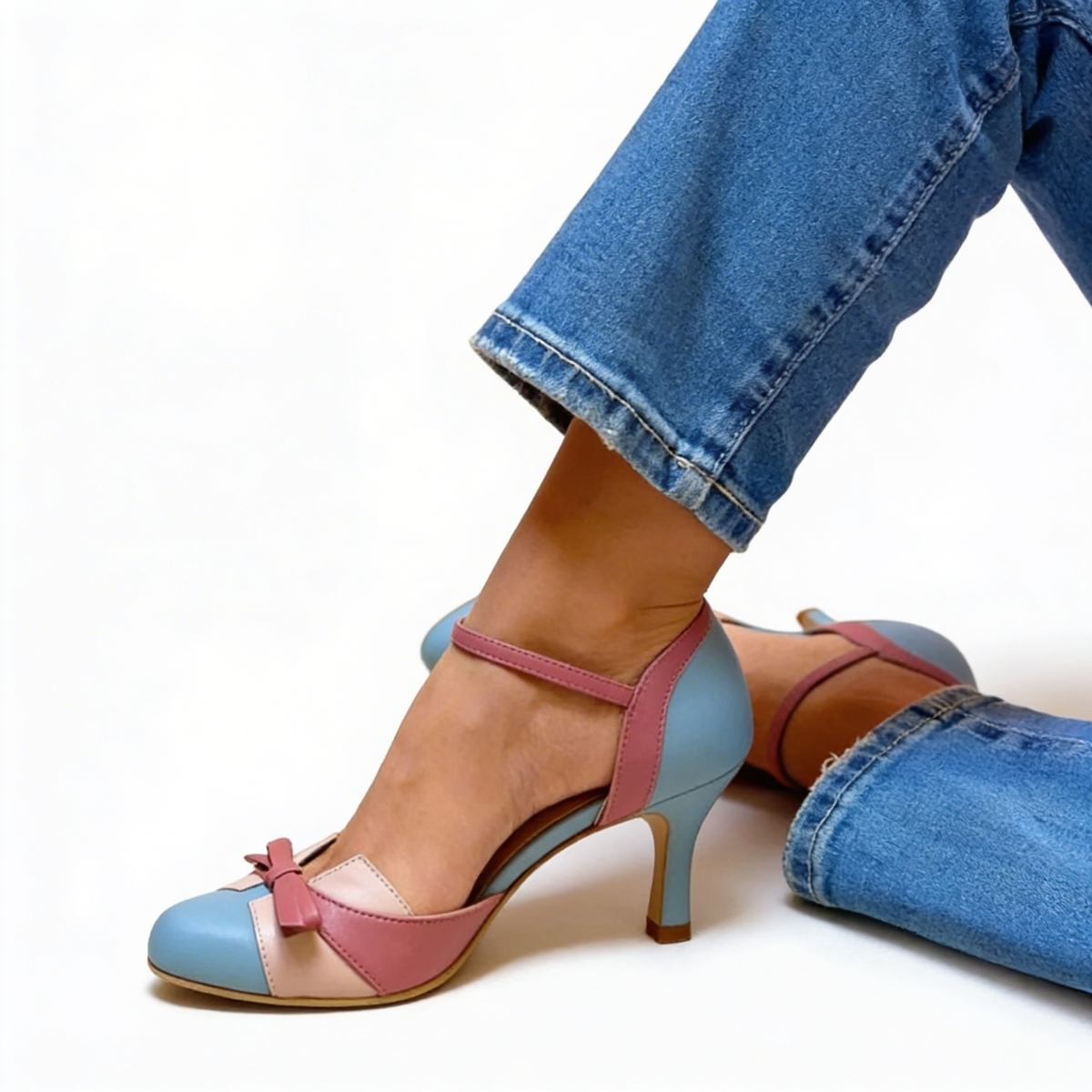 Bow Cap Toe Ankle Strap Stiletto Heel Pumps