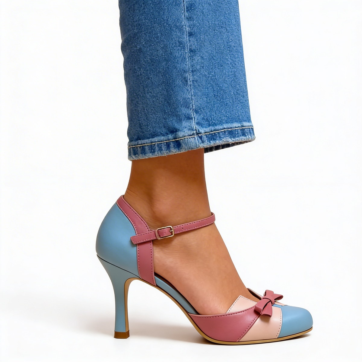 Bow Cap Toe Ankle Strap Stiletto Heel Pumps