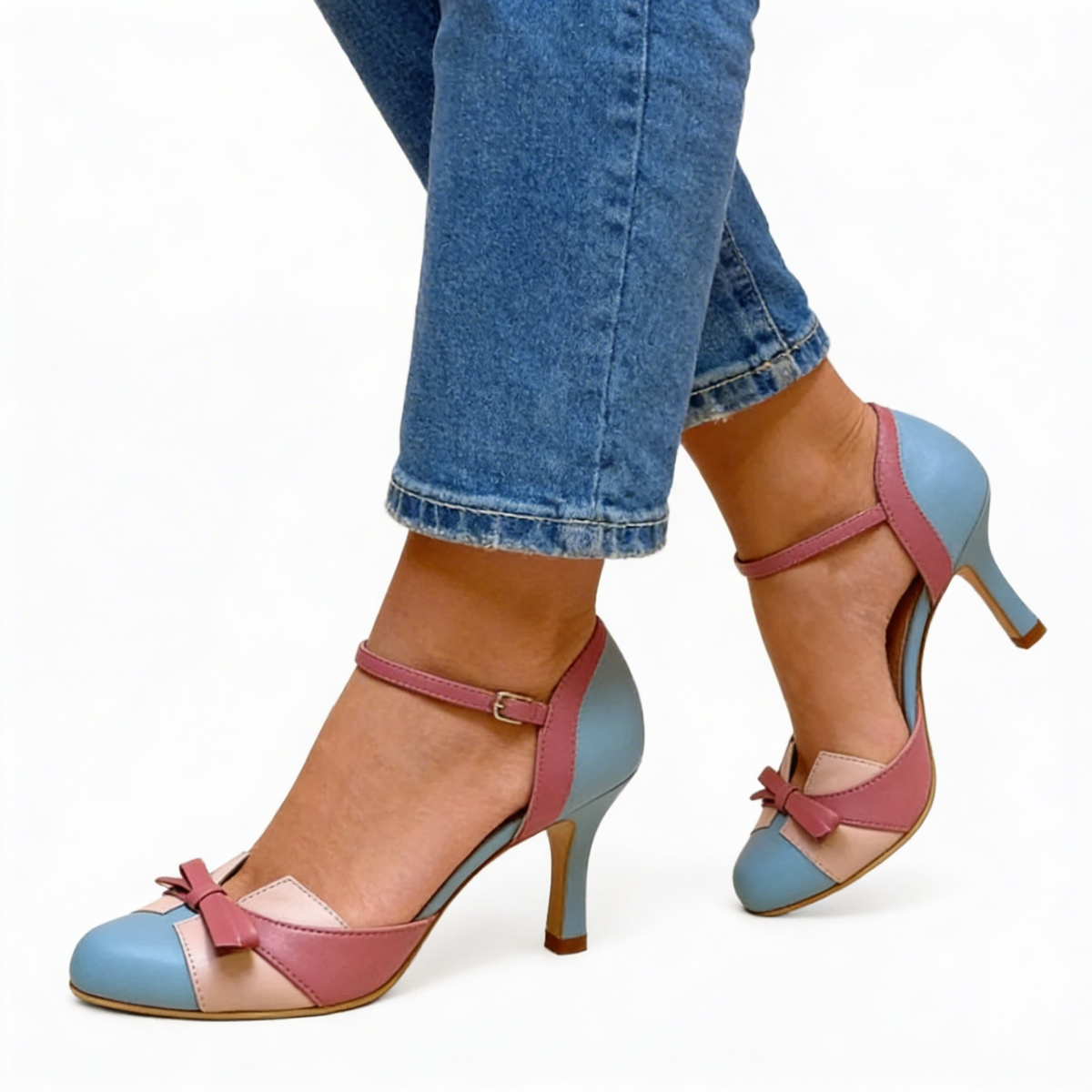 Bow Cap Toe Ankle Strap Stiletto Heel Pumps