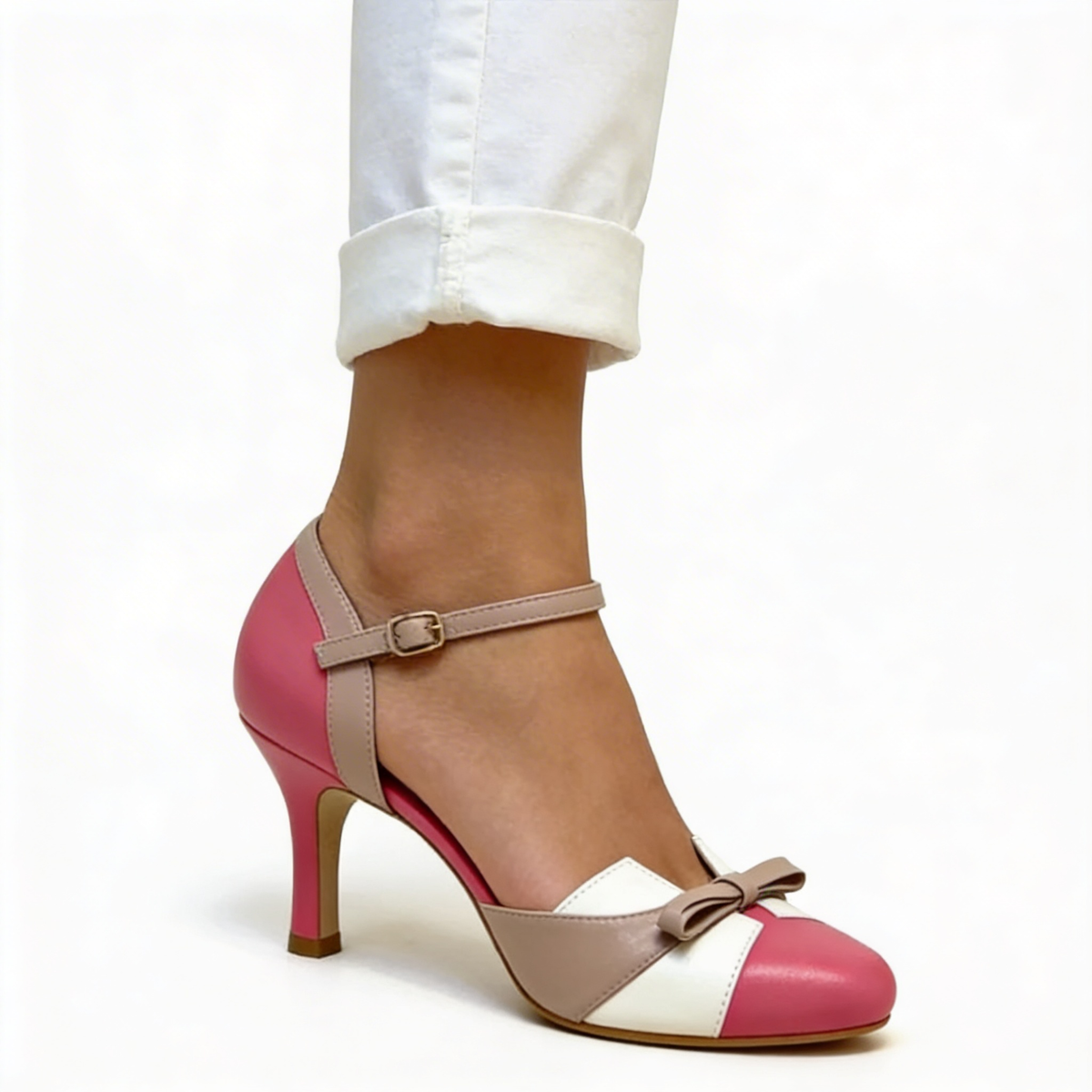 Round Toe Bow Front Ankle Strap Stiletto Heel Pumps