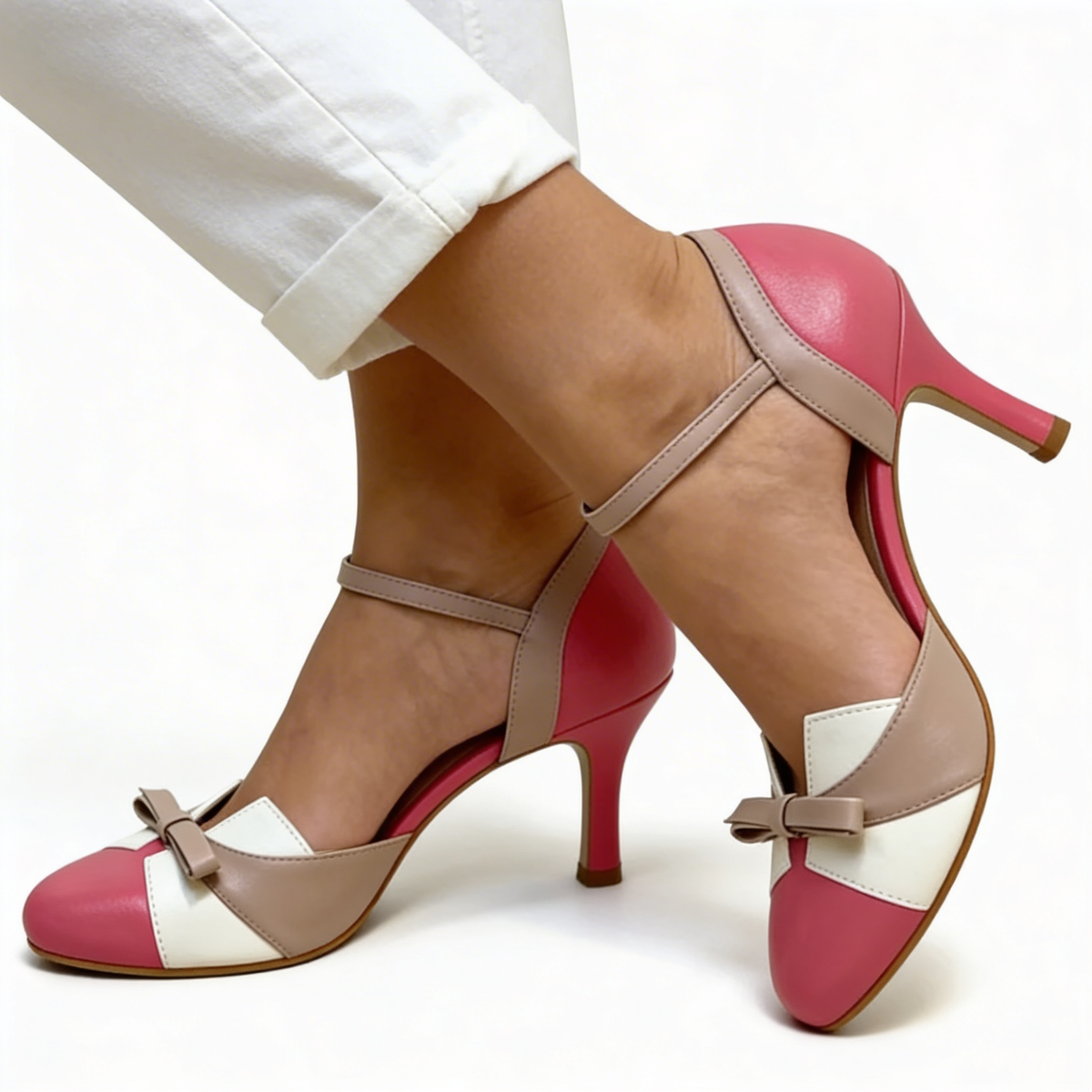 Round Toe Bow Front Ankle Strap Stiletto Heel Pumps