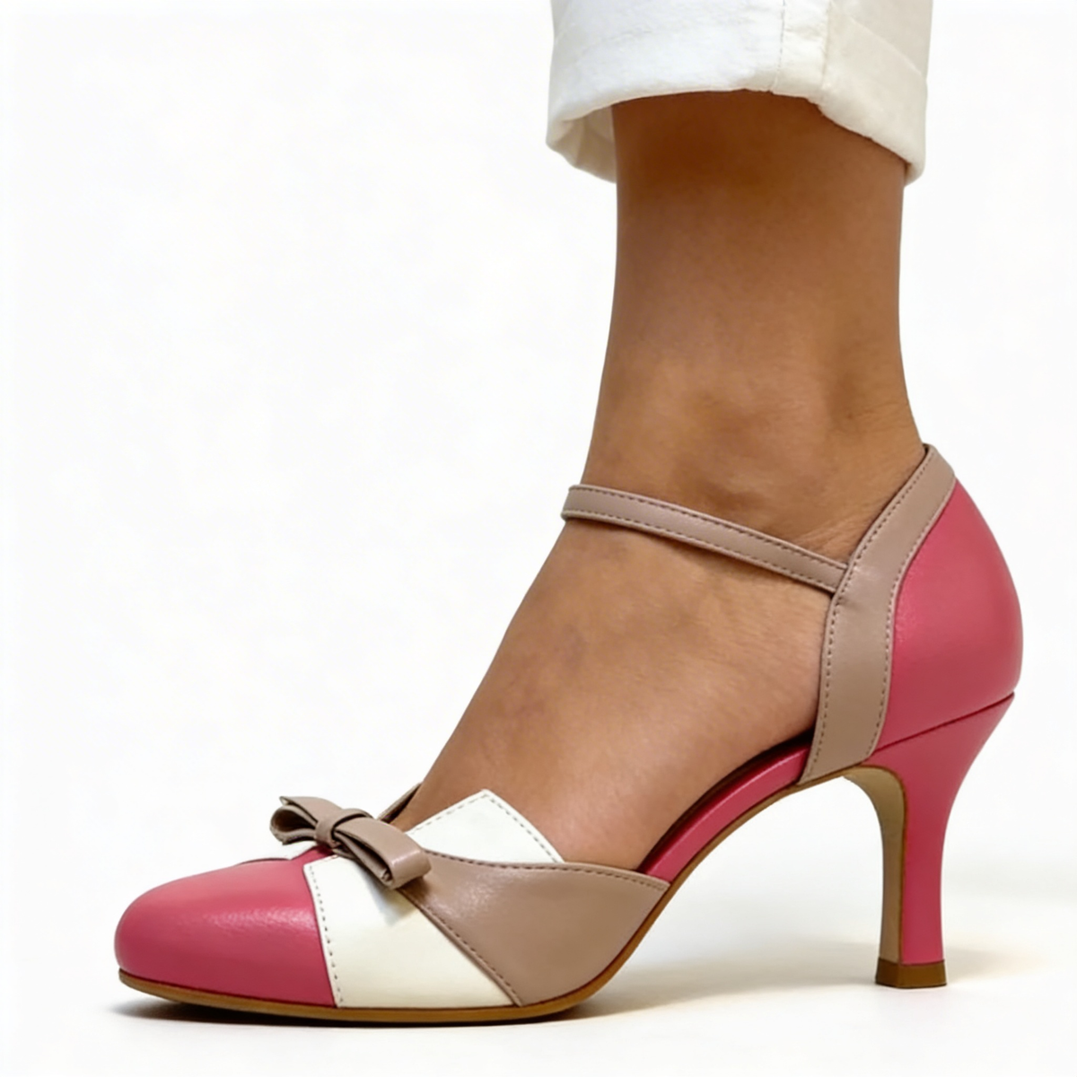 Round Toe Bow Front Ankle Strap Stiletto Heel Pumps