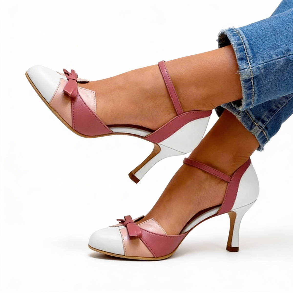Cap Toe Ankle Strap Bow Stiletto Pumps