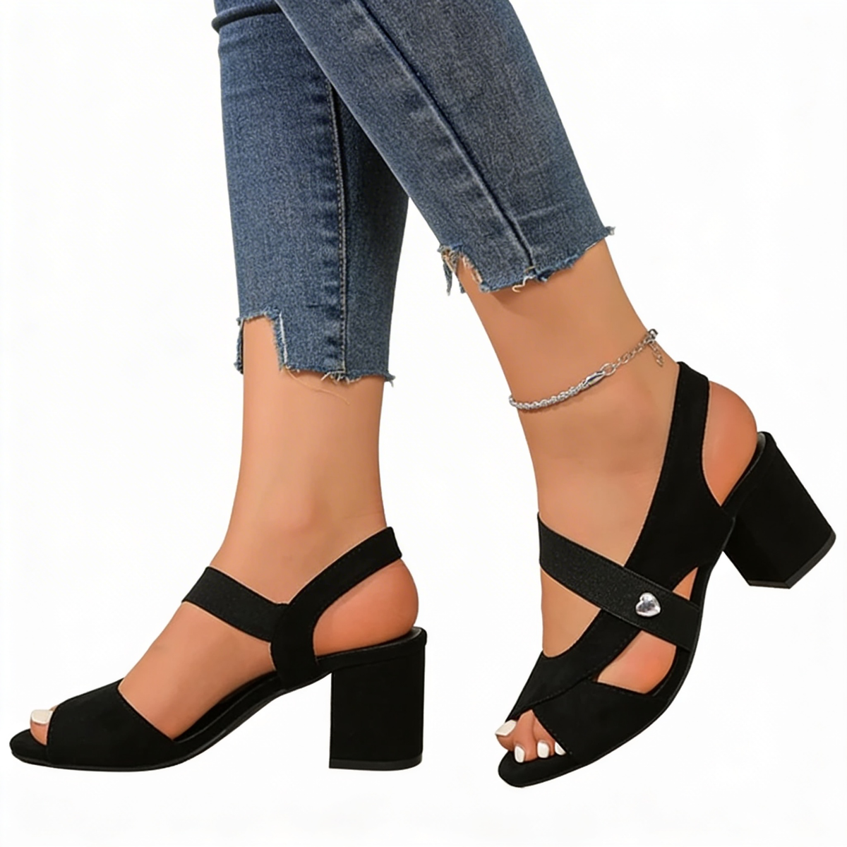Peep Toe Elastic Strap Block Heel Sandals