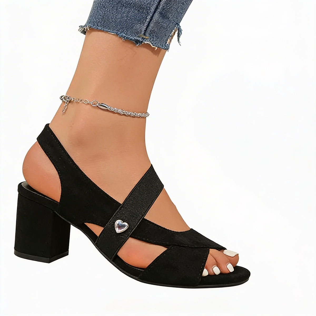 Peep Toe Elastic Strap Block Heel Sandals
