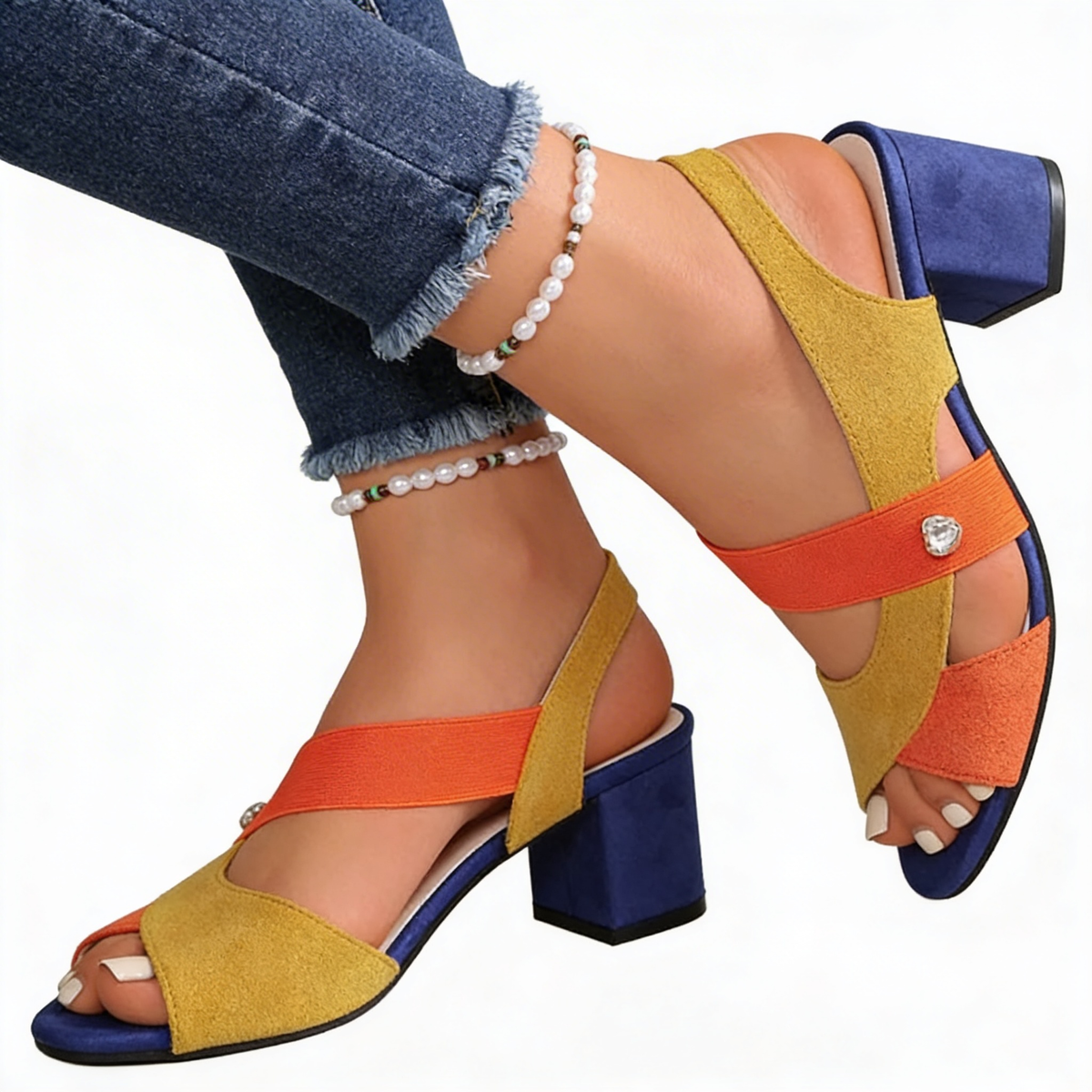 Peep Toe Elastic Strap Block Heel Sandals