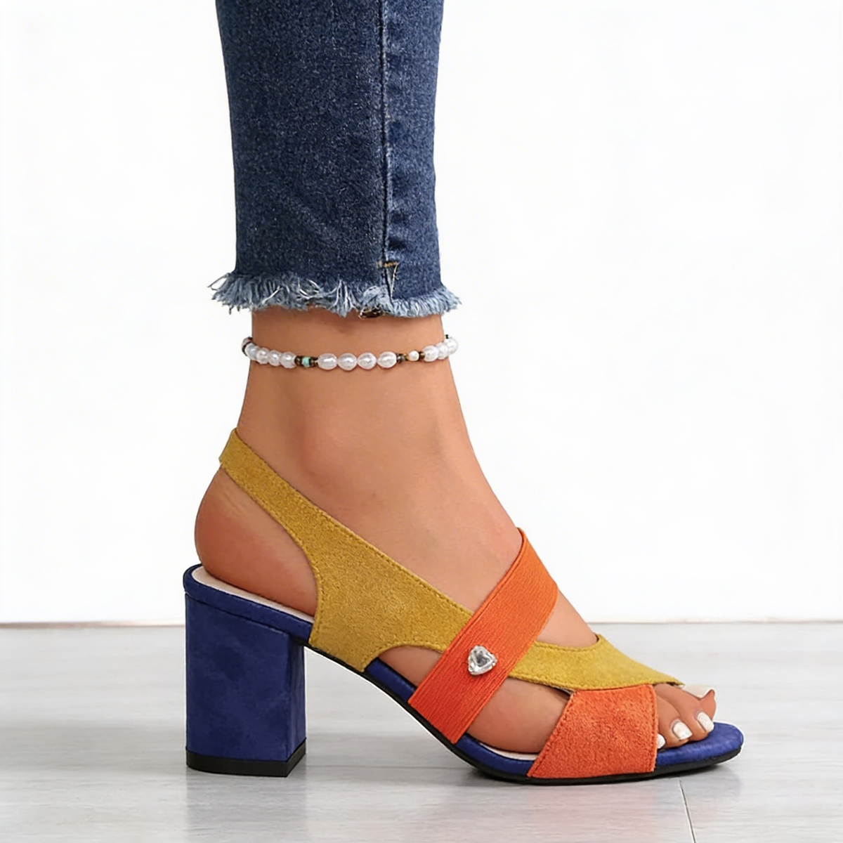 Peep Toe Elastic Strap Block Heel Sandals