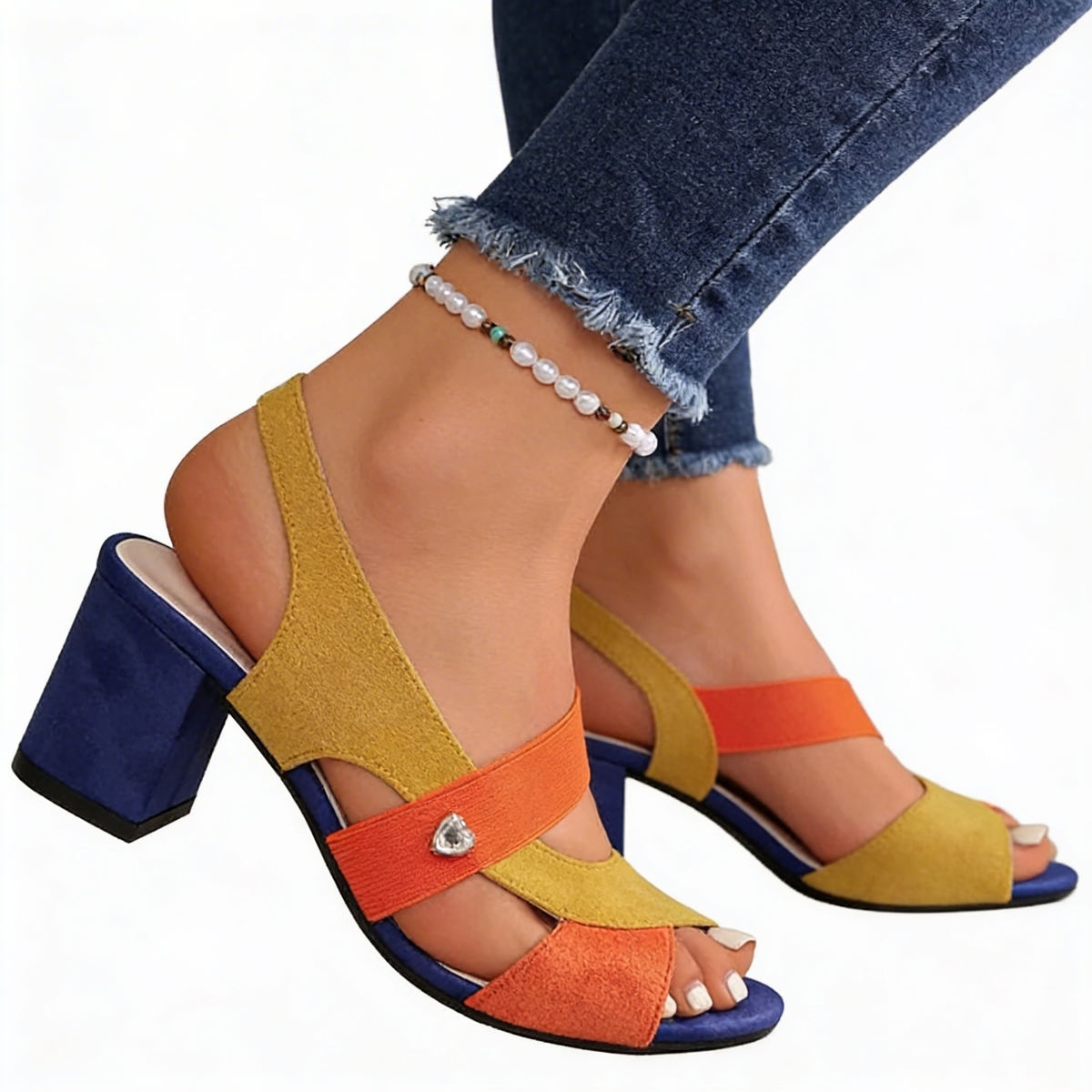 Peep Toe Elastic Strap Block Heel Sandals