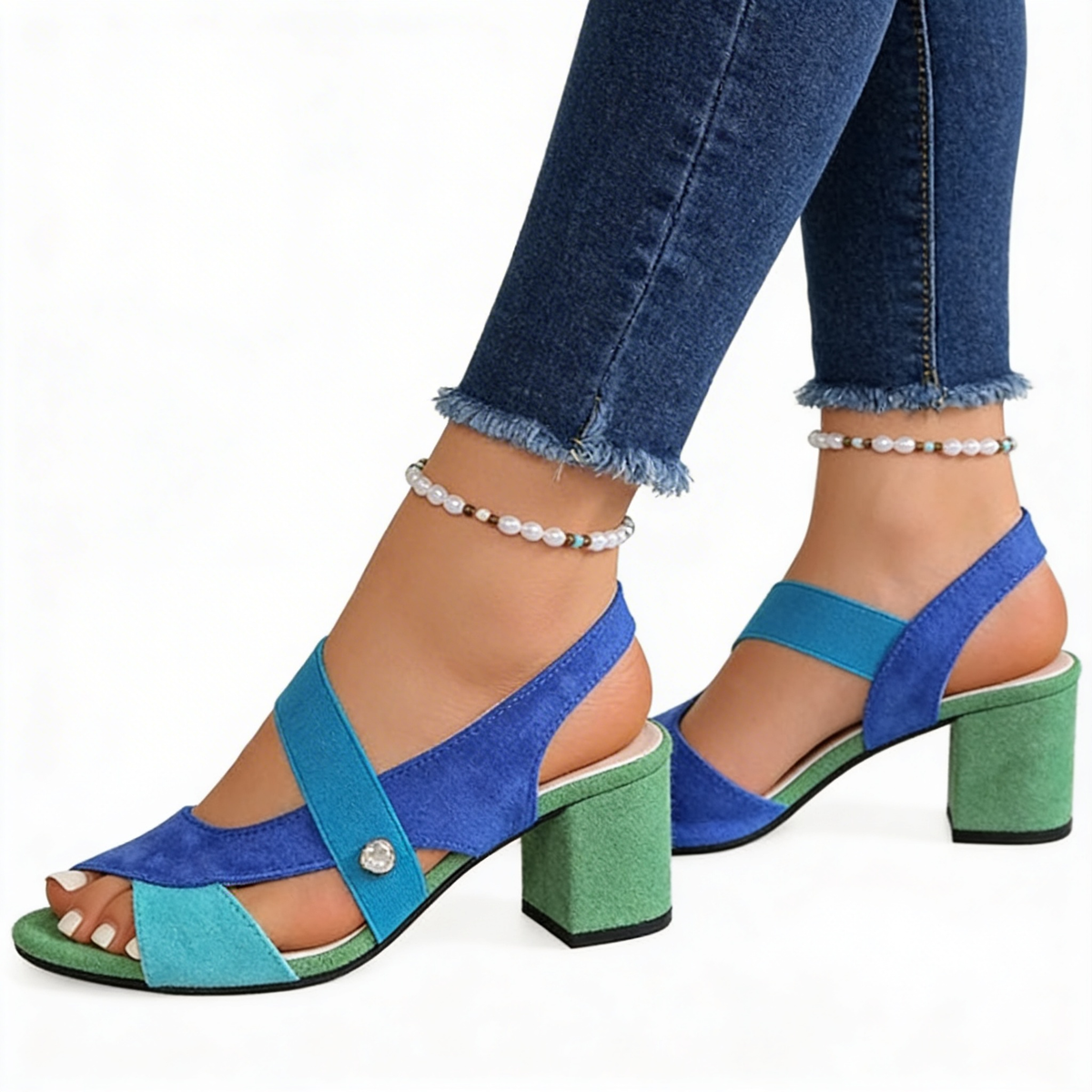 Peep Toe Elastic Strap Block Heel Sandals