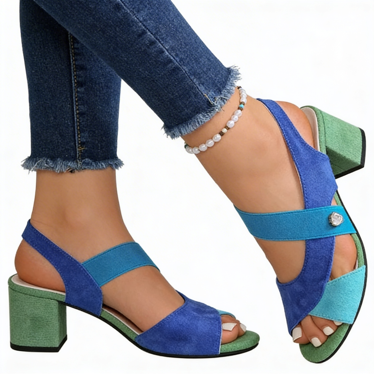 Peep Toe Elastic Strap Block Heel Sandals