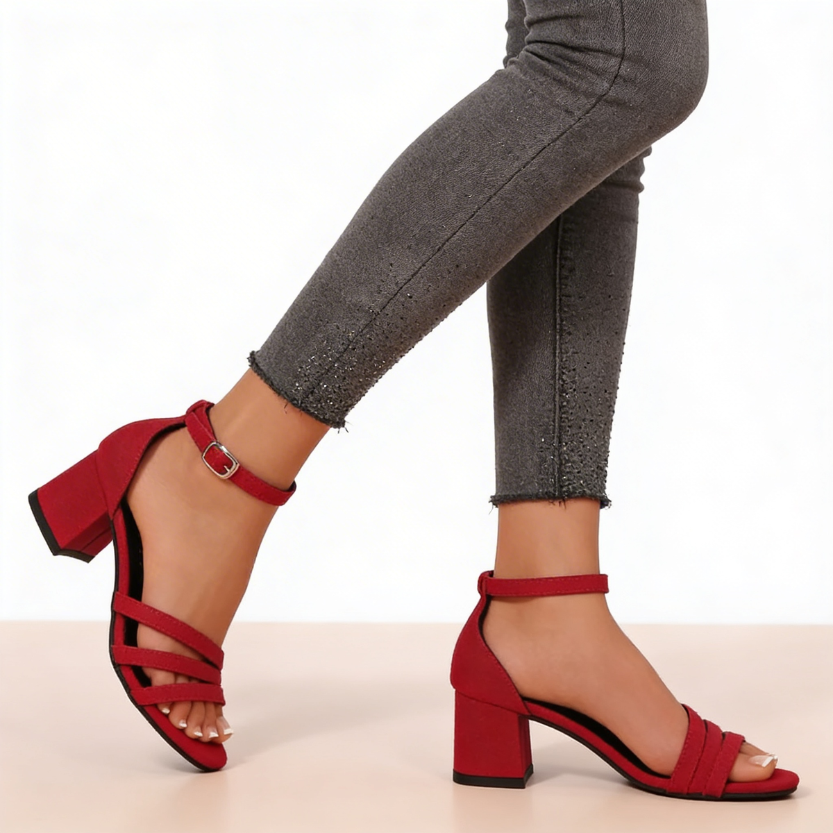 Open Toe Ankle Strap Block Heel Sandals