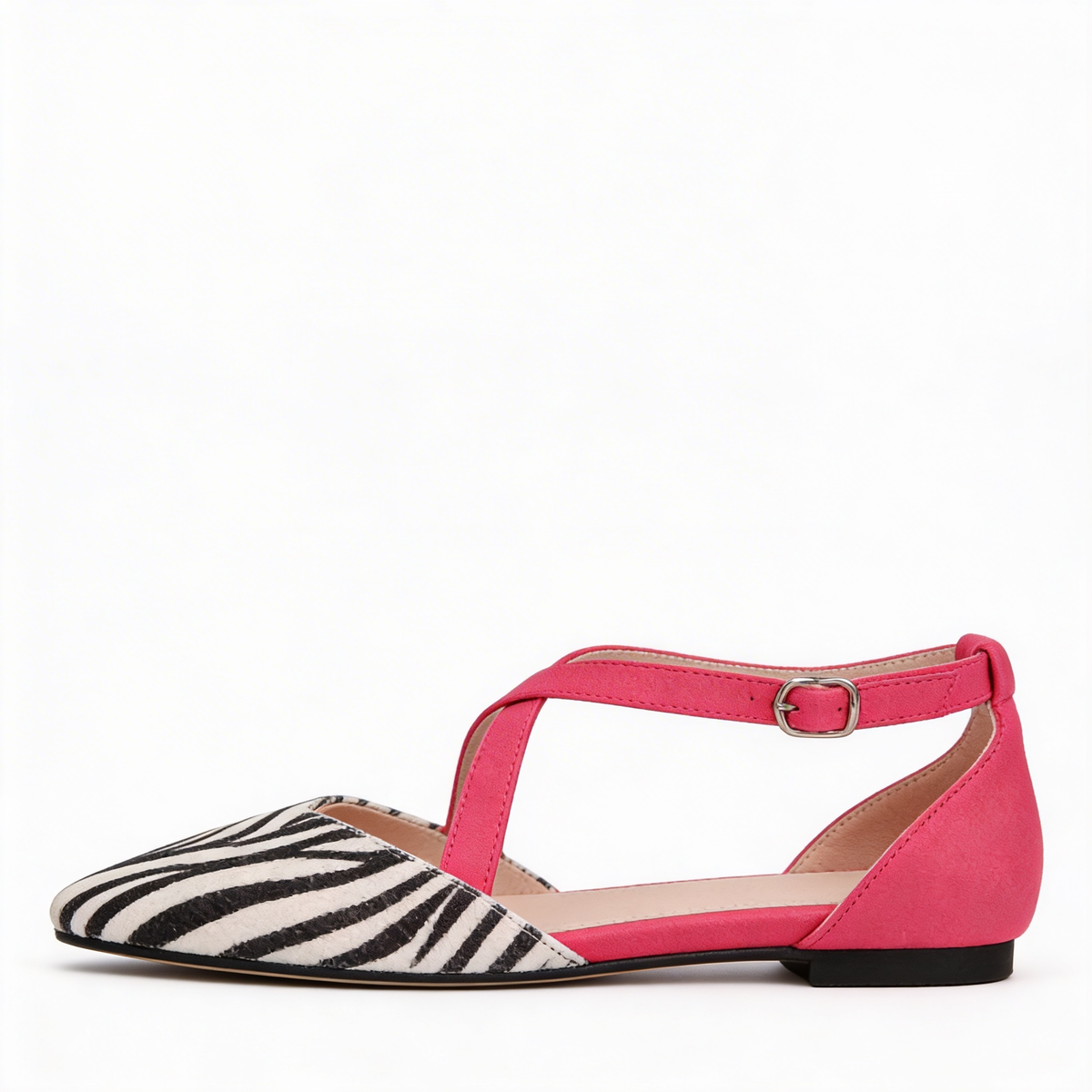 Pointed Toe Zebra Print Cross Ankle Strap Flats