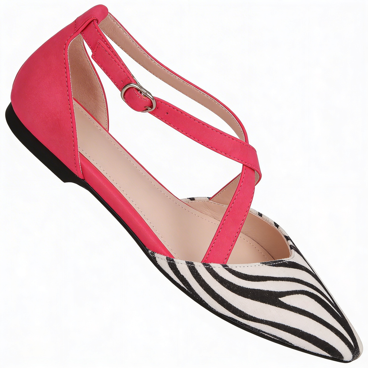 Pointed Toe Zebra Print Cross Ankle Strap Flats