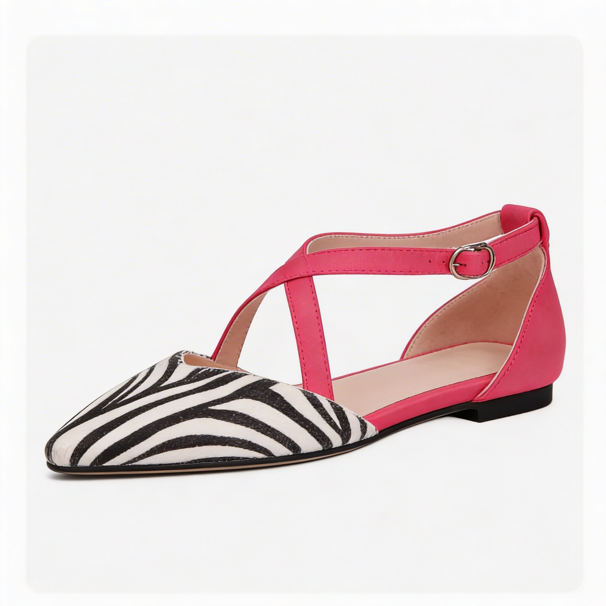 Pointed Toe Zebra Print Cross Ankle Strap Flats