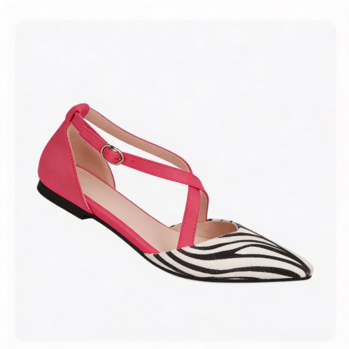 Pointed Toe Zebra Print Cross Ankle Strap Flats
