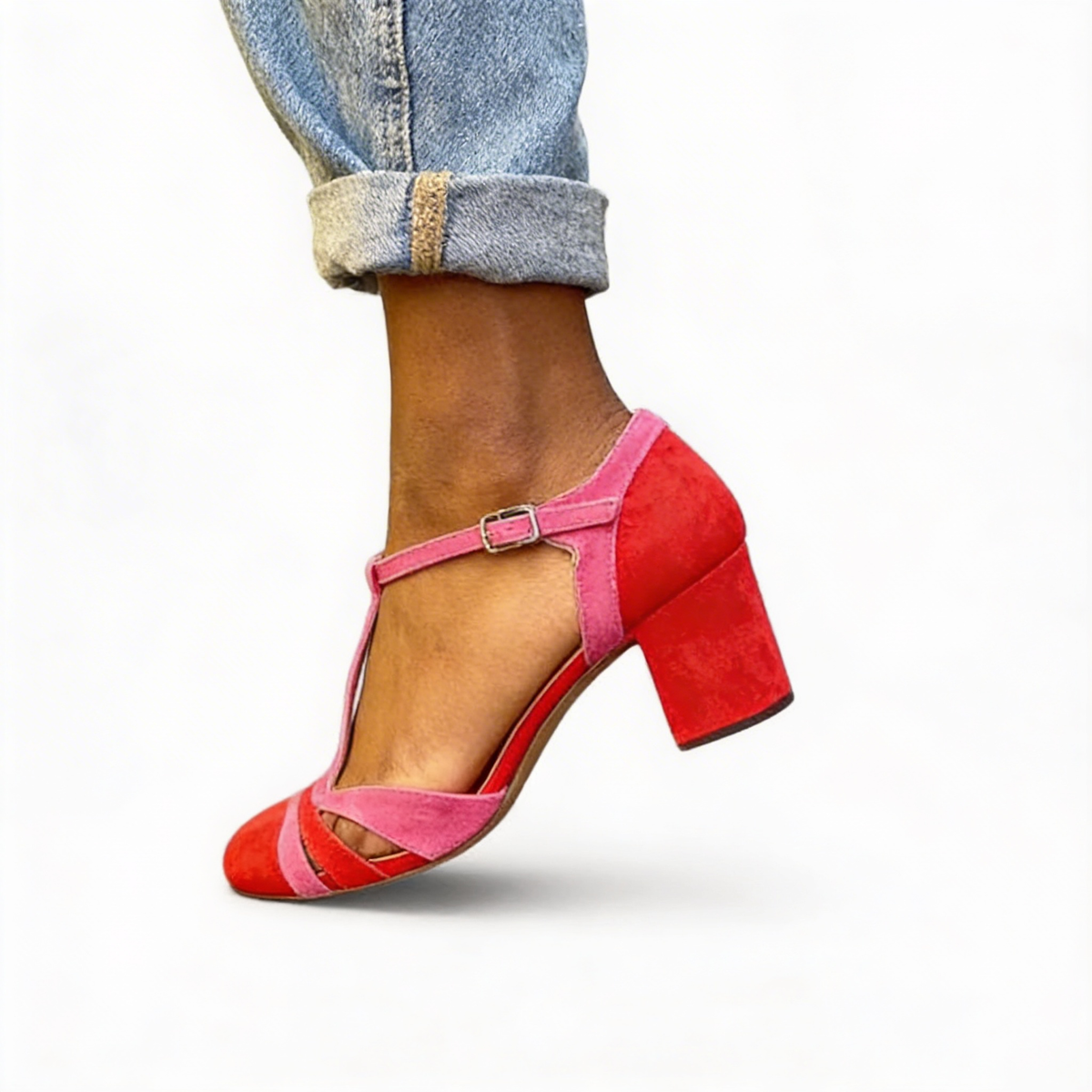 T Strap Buckle Block Heel Closed Toe Pumps