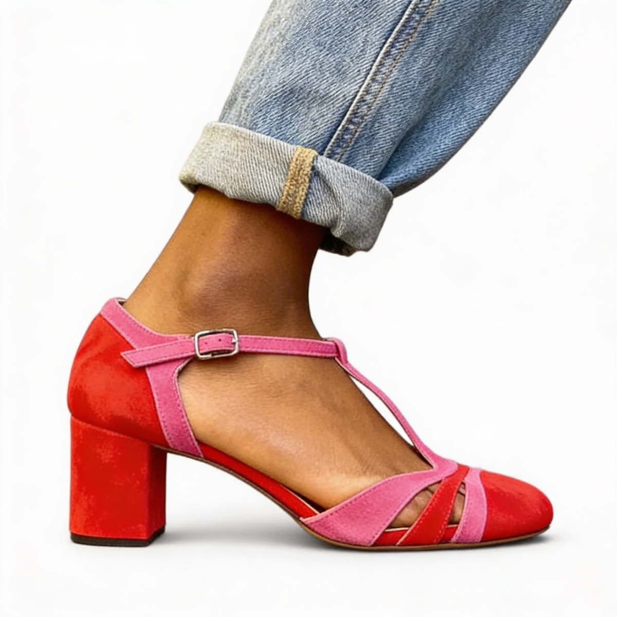 T Strap Buckle Block Heel Closed Toe Pumps