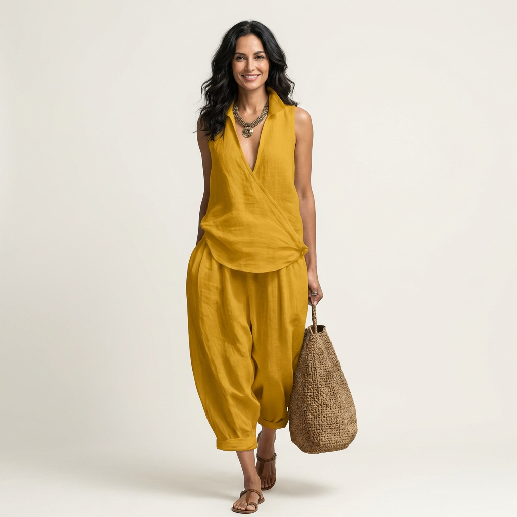 Sleeveless Collared Wrap Top and Tapered Leg Pants Two Piece Set