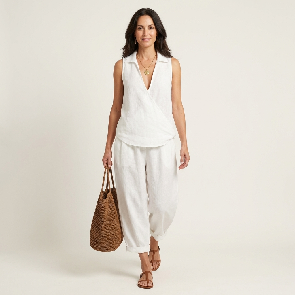 Sleeveless Collared Wrap Top and Tapered Leg Pants Two Piece Set