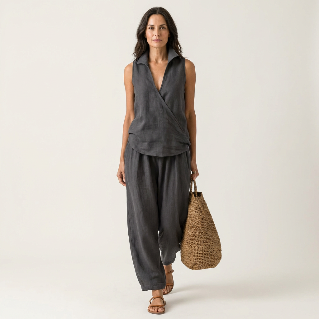 Sleeveless Collared Wrap Top and Tapered Leg Pants Two Piece Set