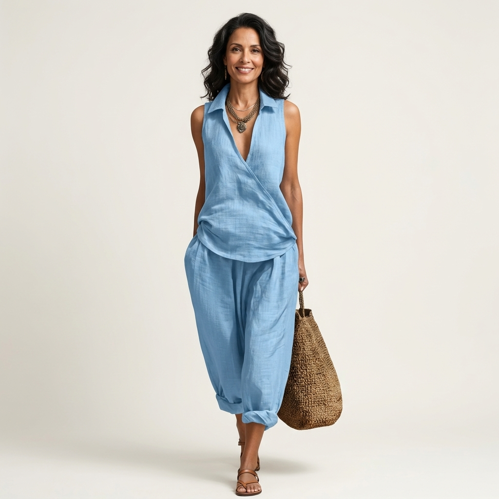 Sleeveless Collared Wrap Top and Tapered Leg Pants Two Piece Set
