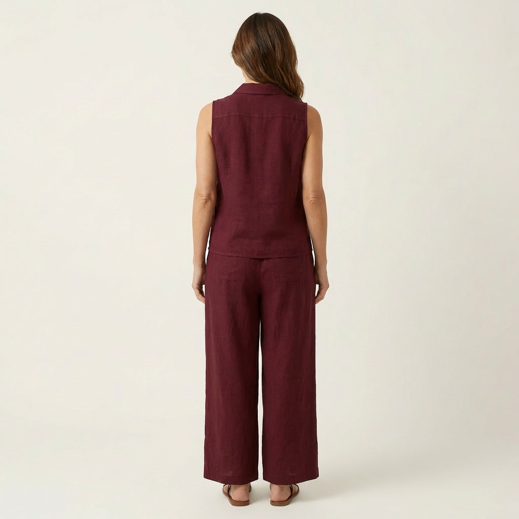 Sleeveless Collared Wrap Top and Tapered Leg Pants Two Piece Set