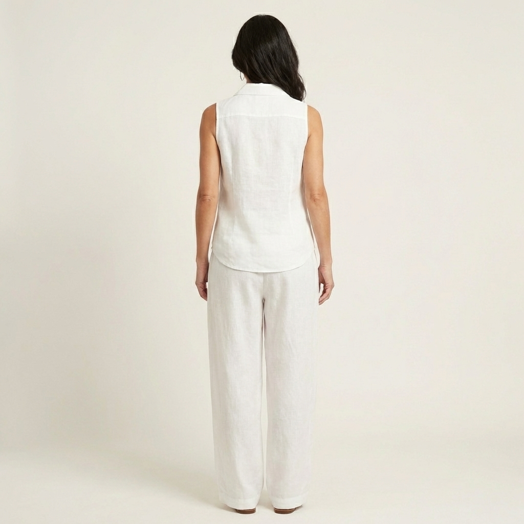 Sleeveless Collared Wrap Top and Tapered Leg Pants Two Piece Set