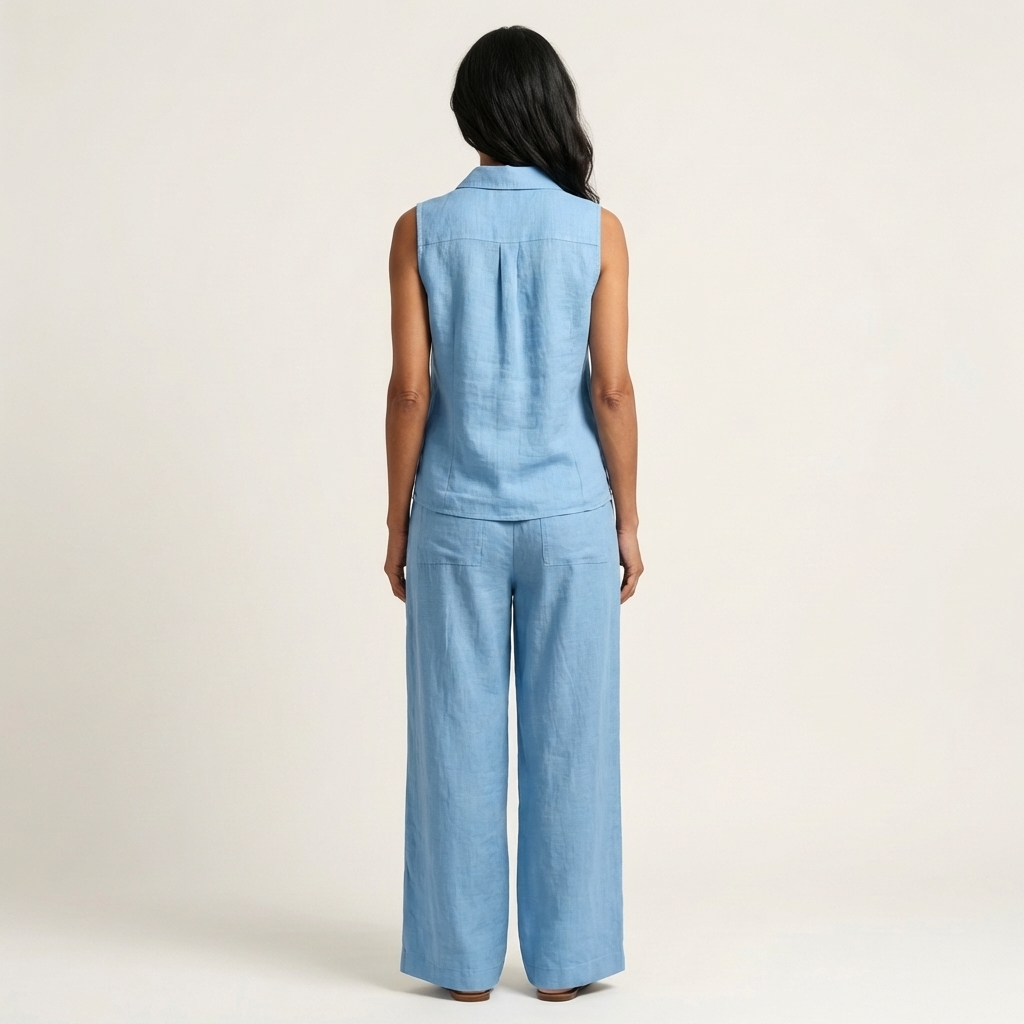 Sleeveless Collared Wrap Top and Tapered Leg Pants Two Piece Set