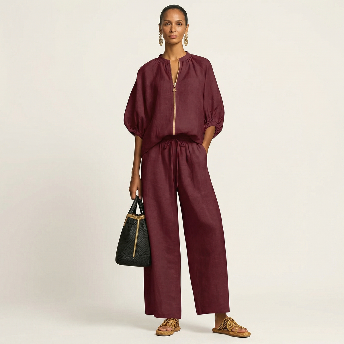 Puff Sleeve Zip Front Top and Wide Leg Pants Two Piece Set