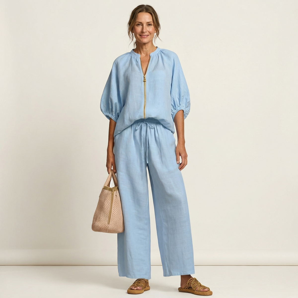 Puff Sleeve Zip Front Top and Wide Leg Pants Two Piece Set