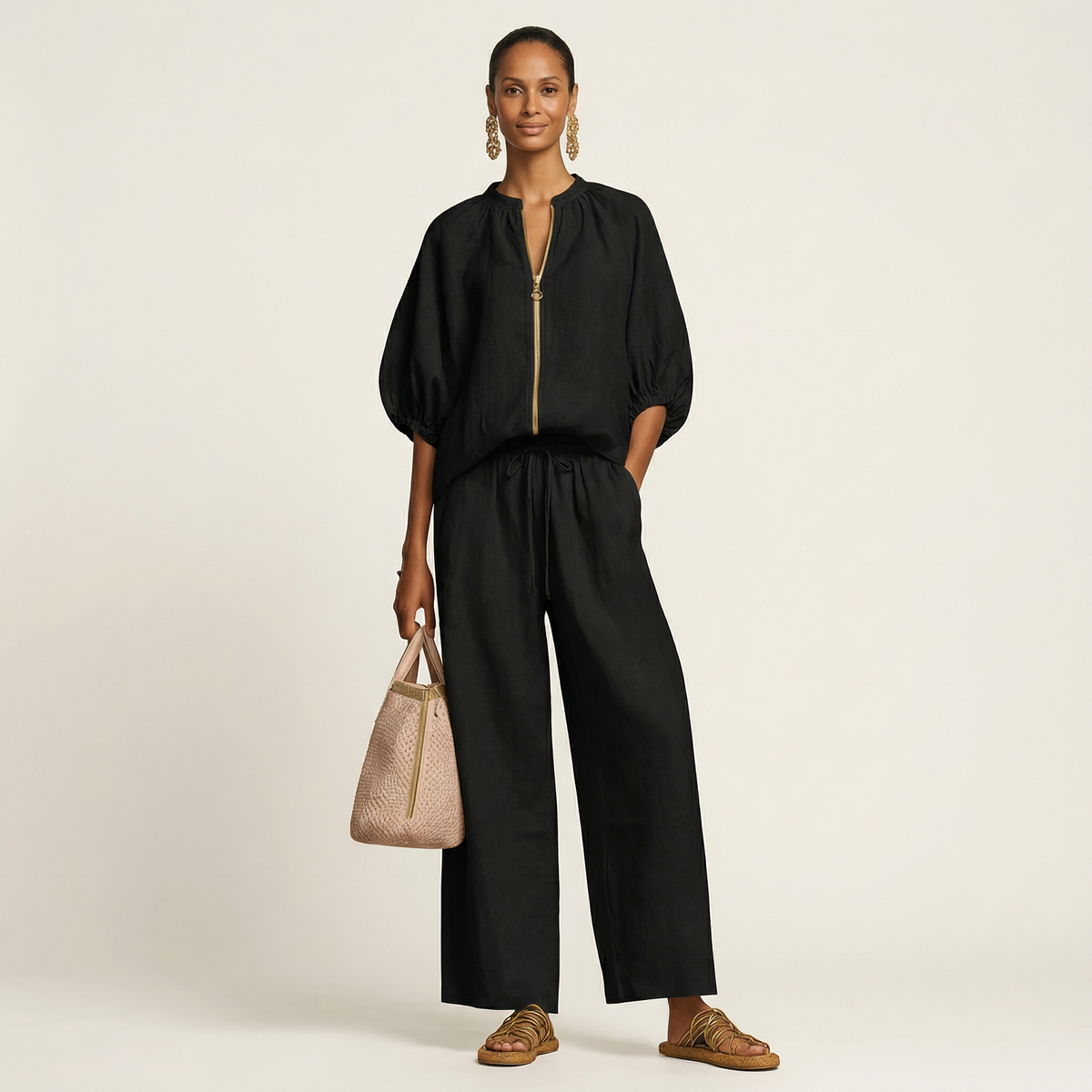 Puff Sleeve Zip Front Top and Wide Leg Pants Two Piece Set
