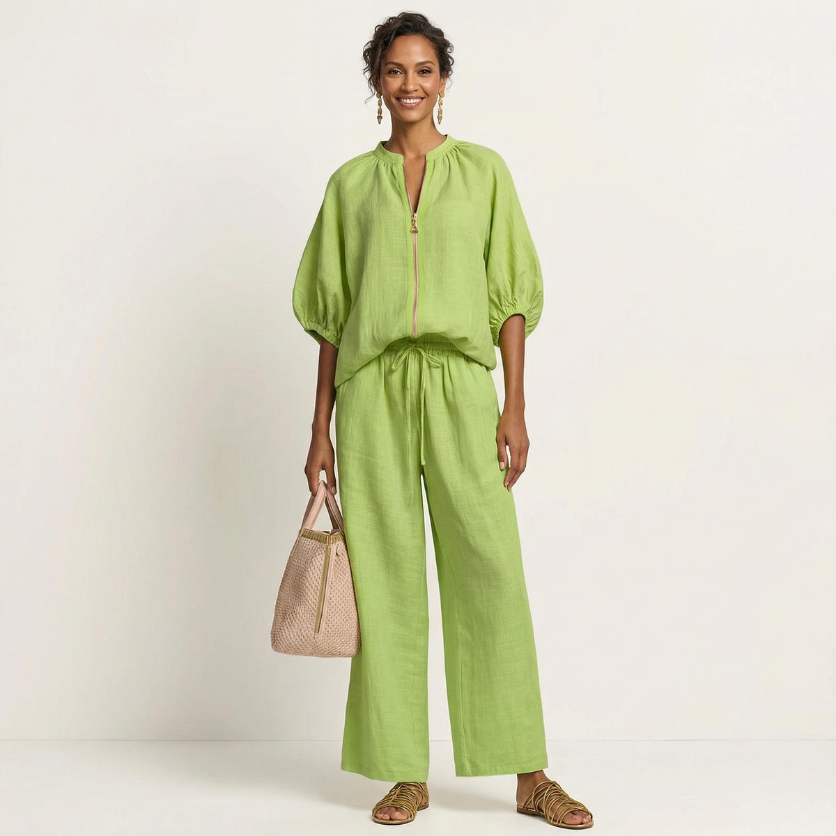 Puff Sleeve Zip Front Top and Wide Leg Pants Two Piece Set