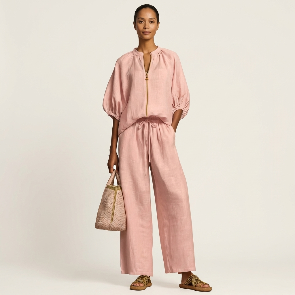 Puff Sleeve Zip Front Top and Wide Leg Pants Two Piece Set