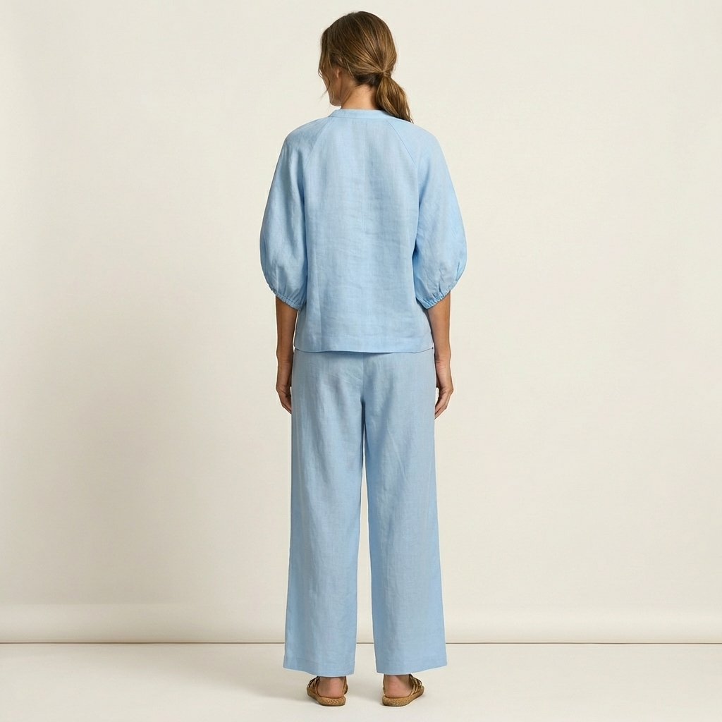 Puff Sleeve Zip Front Top and Wide Leg Pants Two Piece Set