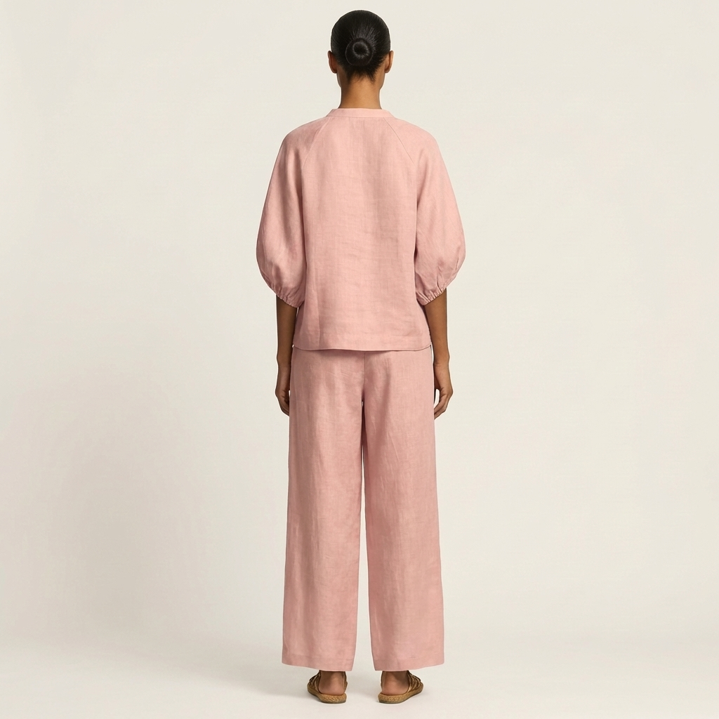 Puff Sleeve Zip Front Top and Wide Leg Pants Two Piece Set