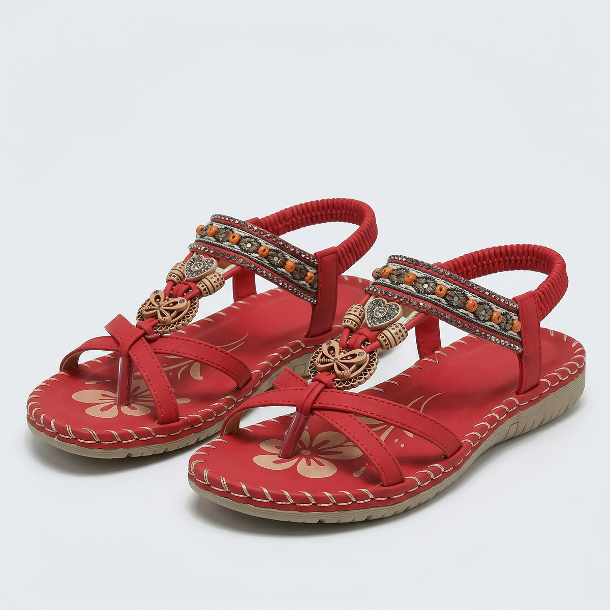 Beaded Boho T-Strap Flat Sandals