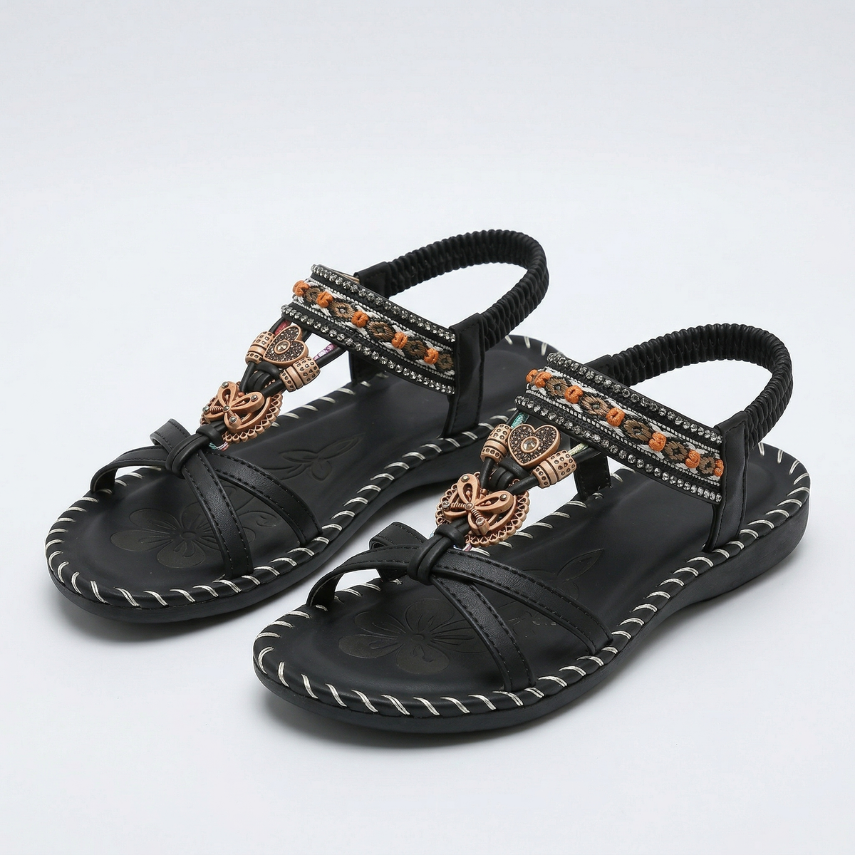 Beaded Boho T-Strap Flat Sandals